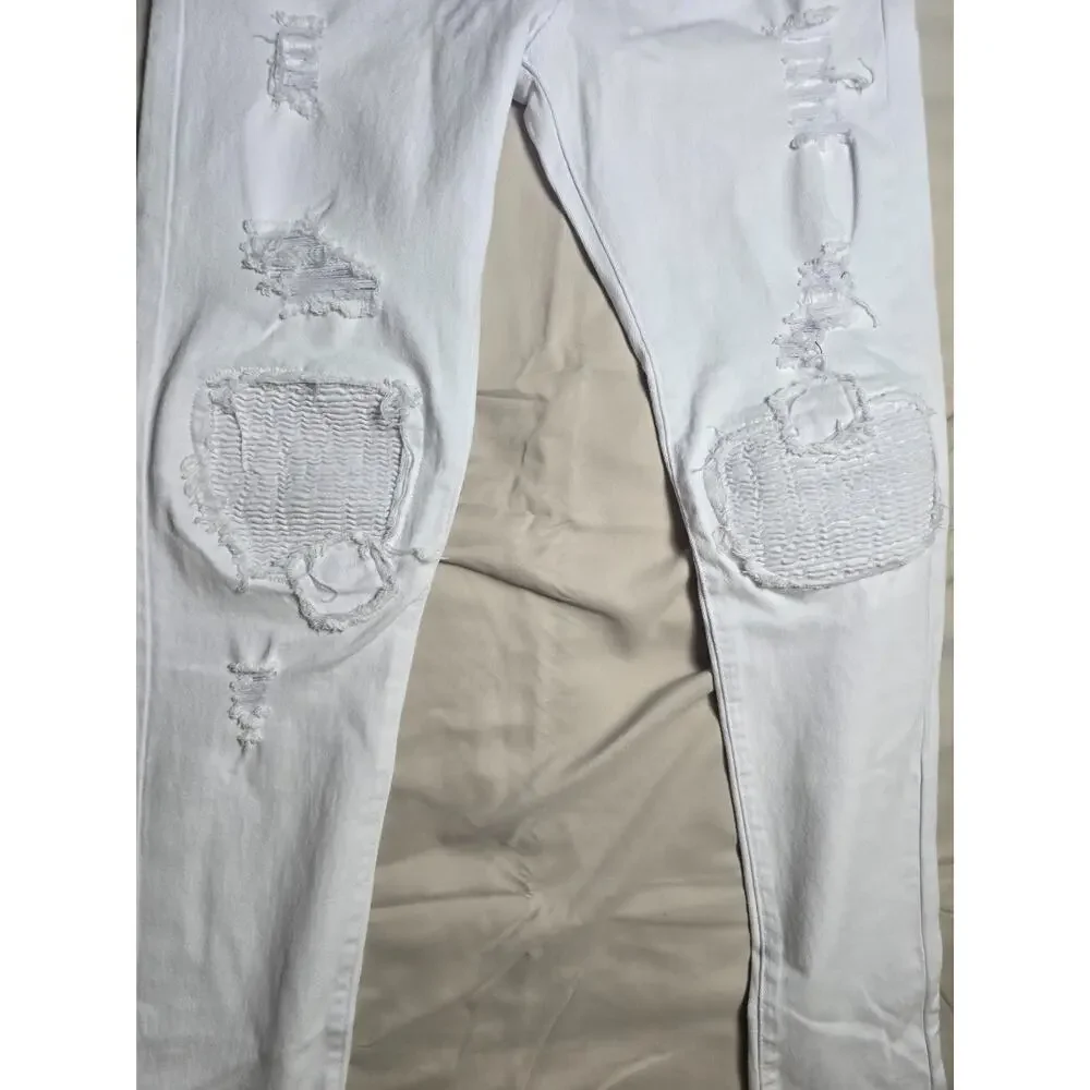 Men’s White Ripped Moto Biker Jeans Distressed Ribbed Panel Streetwear